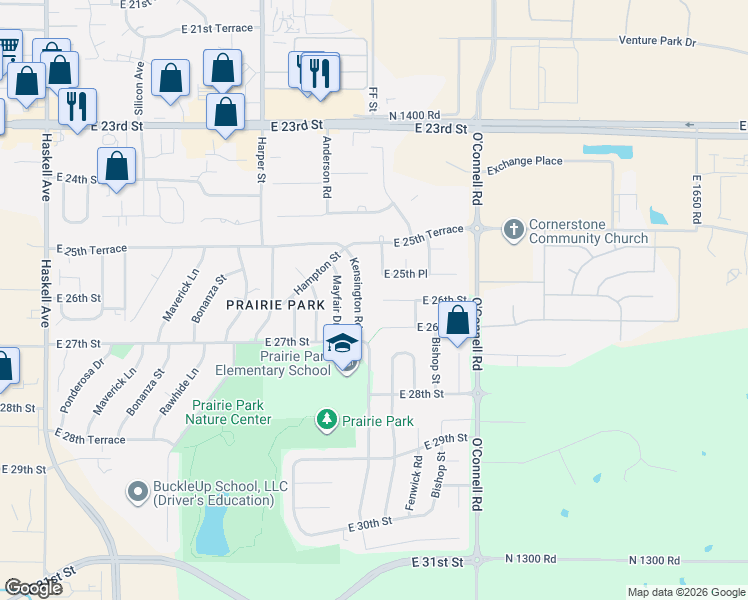 map of restaurants, bars, coffee shops, grocery stores, and more near 2000 East 26th Street in Lawrence