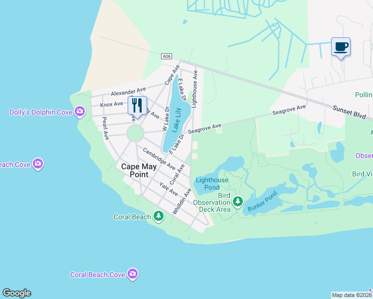 map of restaurants, bars, coffee shops, grocery stores, and more near 510 Coral Avenue in Cape May Point