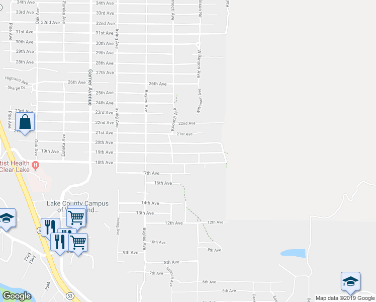 map of restaurants, bars, coffee shops, grocery stores, and more near 16342 19th Avenue in Clearlake