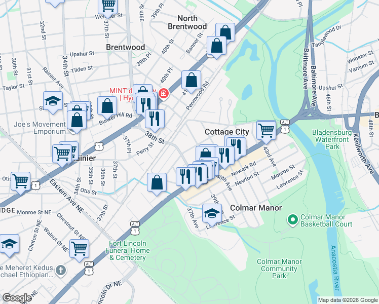 map of restaurants, bars, coffee shops, grocery stores, and more near 3805 Parkwood Street in Brentwood