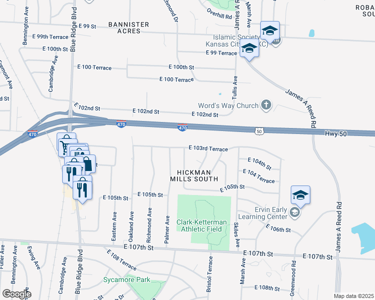 map of restaurants, bars, coffee shops, grocery stores, and more near 10323 Manchester Avenue in Kansas City