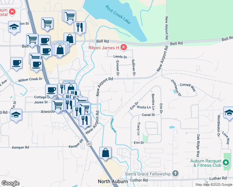map of restaurants, bars, coffee shops, grocery stores, and more near 12480 Ladd Lane in Auburn