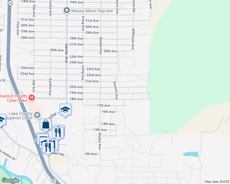 map of restaurants, bars, coffee shops, grocery stores, and more near 16262 19th Avenue in Clearlake