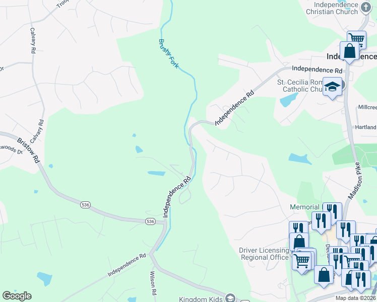 map of restaurants, bars, coffee shops, grocery stores, and more near 1692 Independence Road in Independence