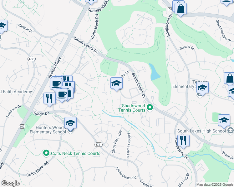 map of restaurants, bars, coffee shops, grocery stores, and more near 11825 Olde Crafts Drive in Reston