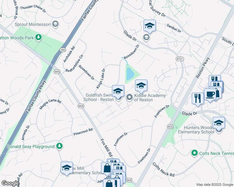 map of restaurants, bars, coffee shops, grocery stores, and more near 12378 Brown Fox Way in Reston
