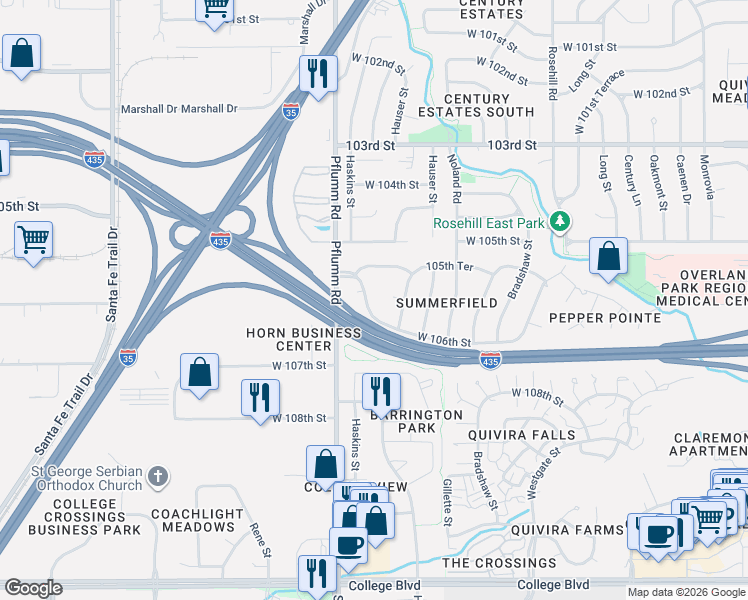 map of restaurants, bars, coffee shops, grocery stores, and more near 10576 Haskins Street in Lenexa