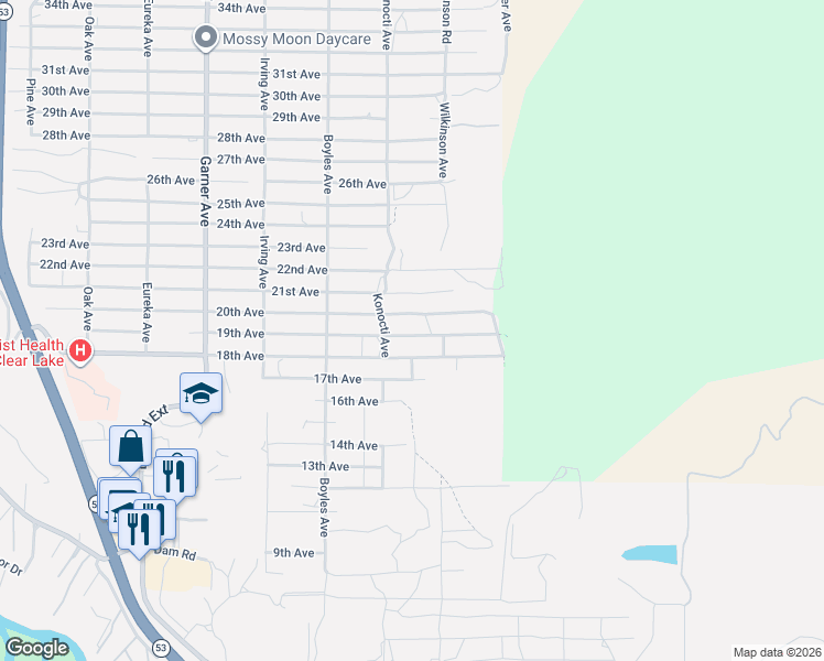 map of restaurants, bars, coffee shops, grocery stores, and more near 16322 19th Avenue in Clearlake