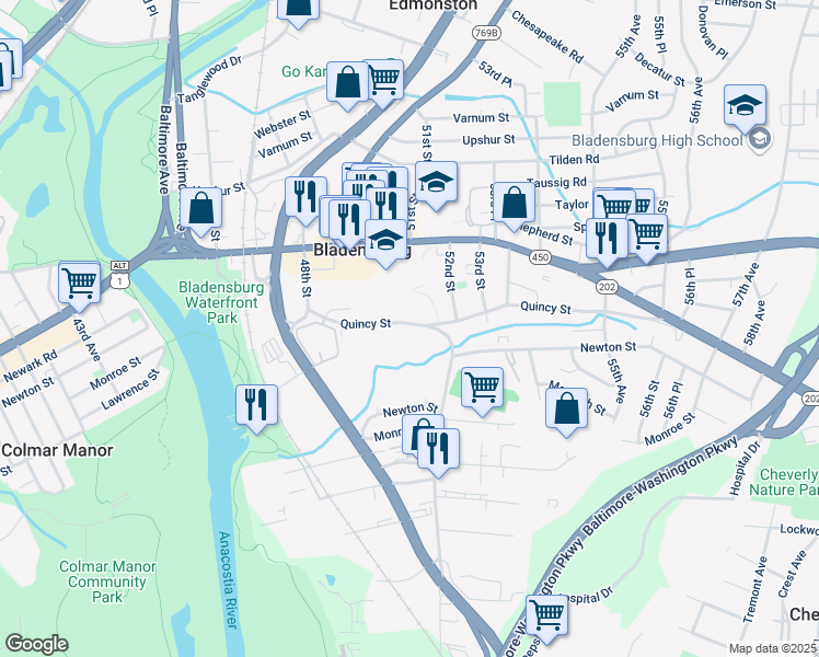 map of restaurants, bars, coffee shops, grocery stores, and more near 5015 Quincy Street in Bladensburg