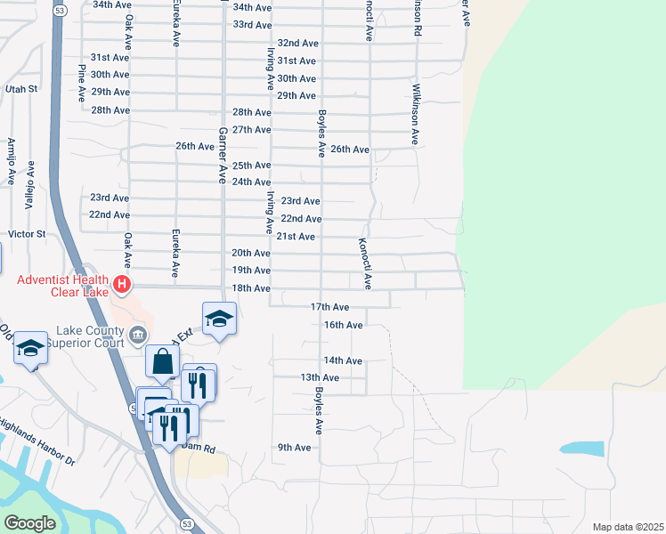 map of restaurants, bars, coffee shops, grocery stores, and more near 16172 19th Avenue in Clearlake