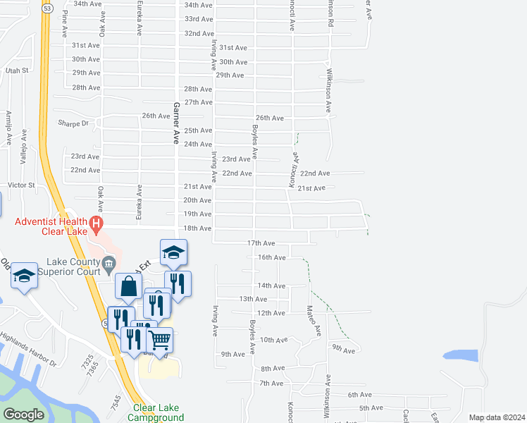 map of restaurants, bars, coffee shops, grocery stores, and more near 16172 19th Avenue in Clearlake