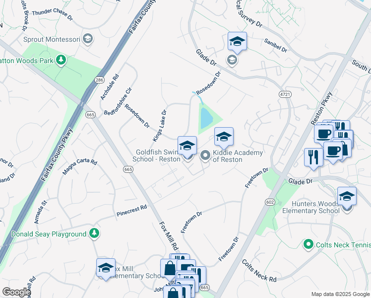 map of restaurants, bars, coffee shops, grocery stores, and more near 12378 Brown Fox Way in Reston