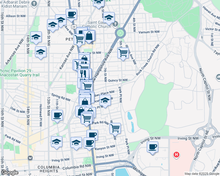 map of restaurants, bars, coffee shops, grocery stores, and more near 634 Rock Creek Church Road Northwest in Washington
