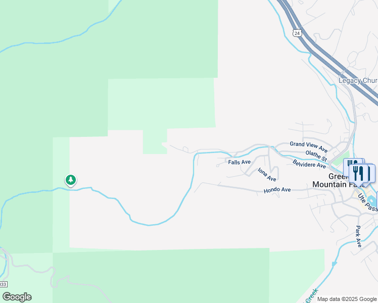 map of restaurants, bars, coffee shops, grocery stores, and more near 11414 Belvidere Avenue in Green Mountain Falls