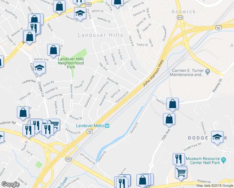 map of restaurants, bars, coffee shops, grocery stores, and more near 6913 Quincy Street in Hyattsville