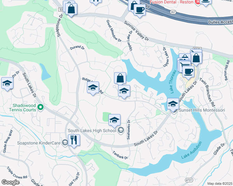 map of restaurants, bars, coffee shops, grocery stores, and more near 2027 Turtle Pond Drive in Reston