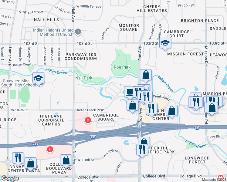map of restaurants, bars, coffee shops, grocery stores, and more near 5000 Indian Creek Parkway in Overland Park