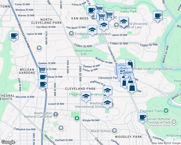 map of restaurants, bars, coffee shops, grocery stores, and more near 3066 Porter Street Northwest in Washington