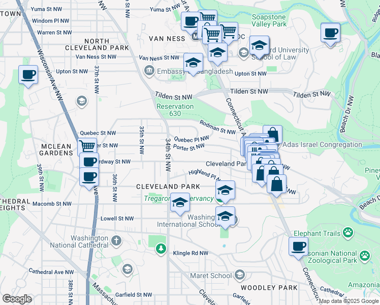 map of restaurants, bars, coffee shops, grocery stores, and more near 3066 Porter Street Northwest in Washington