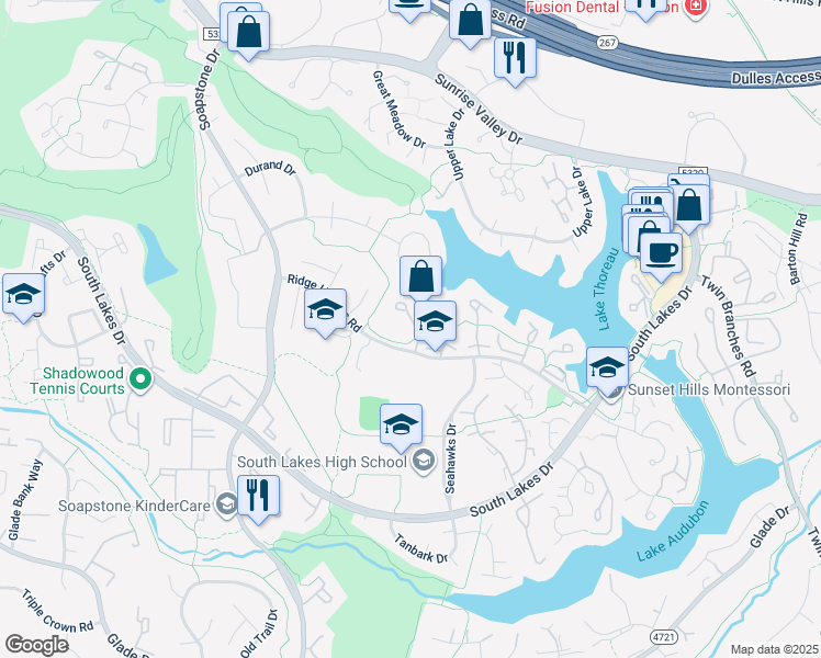 map of restaurants, bars, coffee shops, grocery stores, and more near 2027 Turtle Pond Drive in Reston
