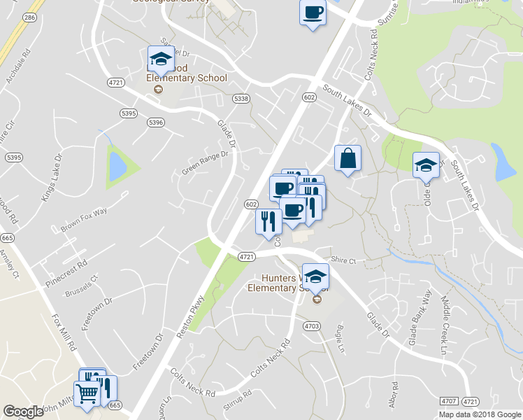 map of restaurants, bars, coffee shops, grocery stores, and more near 2361 Hunters Square Court in Reston