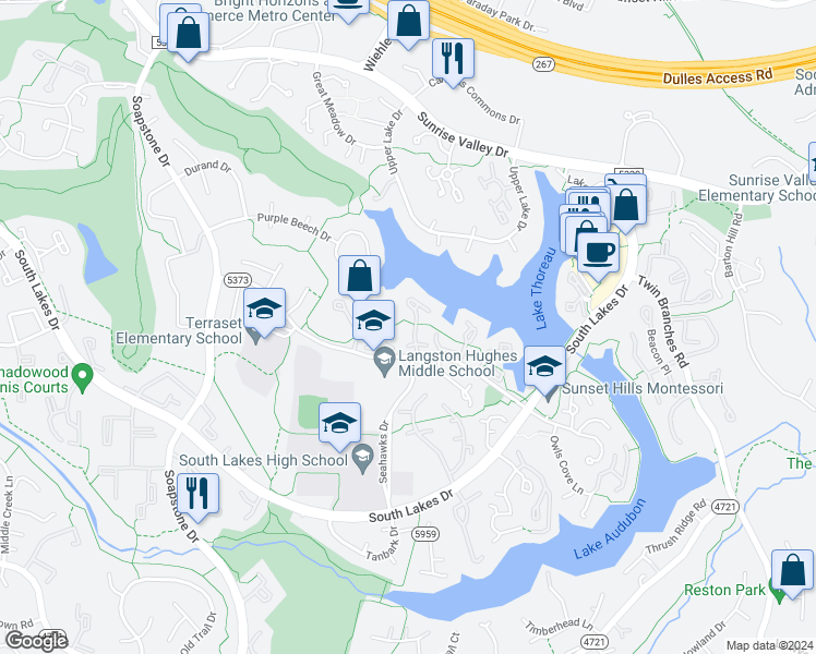 map of restaurants, bars, coffee shops, grocery stores, and more near 2046 Chadds Ford Drive in Reston