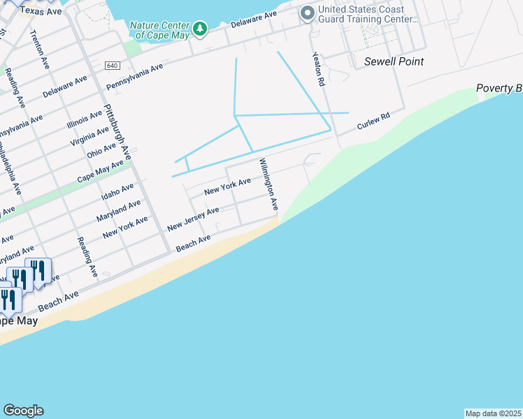 map of restaurants, bars, coffee shops, grocery stores, and more near 1625 Beach Avenue in Cape May