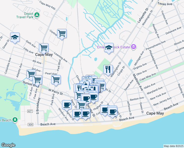 map of restaurants, bars, coffee shops, grocery stores, and more near 649 Broad Street in Cape May