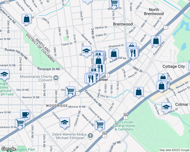 map of restaurants, bars, coffee shops, grocery stores, and more near 101 Independence Avenue Southeast in Washington