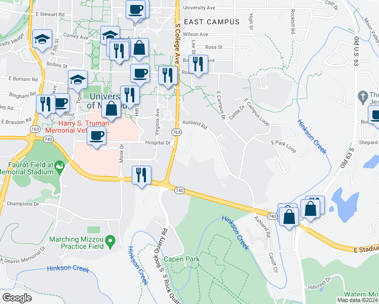 map of restaurants, bars, coffee shops, grocery stores, and more near 1021 Ashland Road in Columbia