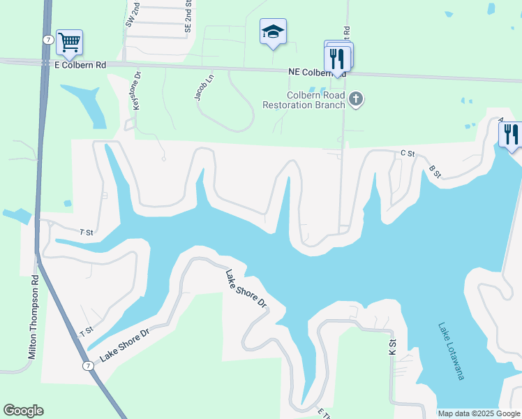 map of restaurants, bars, coffee shops, grocery stores, and more near 35 Lake Shore Drive in Lake Lotawana