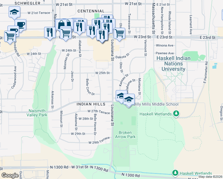 map of restaurants, bars, coffee shops, grocery stores, and more near in Lawrence