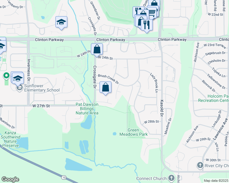 map of restaurants, bars, coffee shops, grocery stores, and more near 2517 Morningside Drive in Lawrence