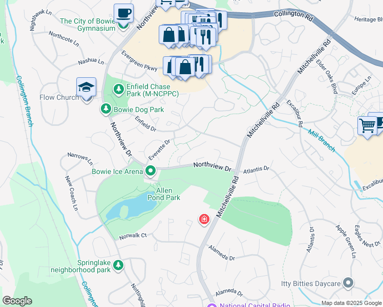 map of restaurants, bars, coffee shops, grocery stores, and more near 3441 Easton Drive in Bowie