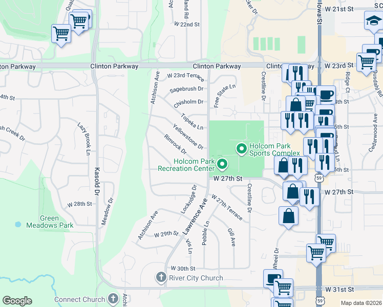 map of restaurants, bars, coffee shops, grocery stores, and more near 2916 Rimrock Drive in Lawrence