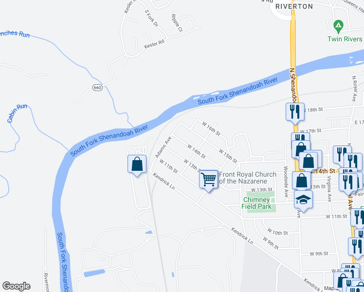 map of restaurants, bars, coffee shops, grocery stores, and more near 828 West 14th Street in Front Royal
