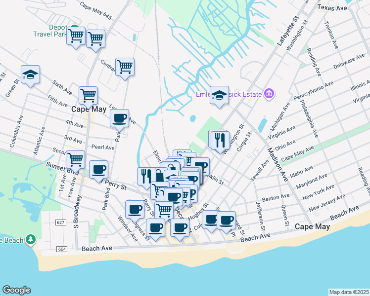 map of restaurants, bars, coffee shops, grocery stores, and more near 649 Broad Street in Cape May