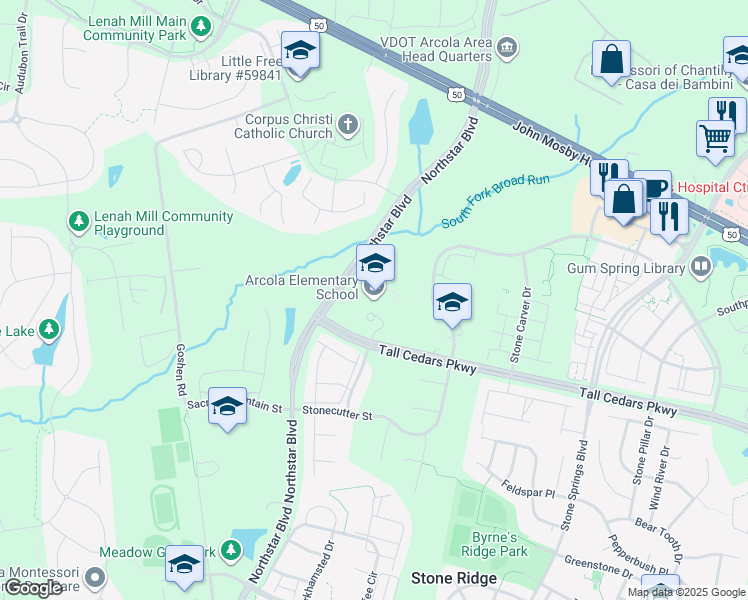 map of restaurants, bars, coffee shops, grocery stores, and more near 41740 Tall Cedars Parkway in Aldie