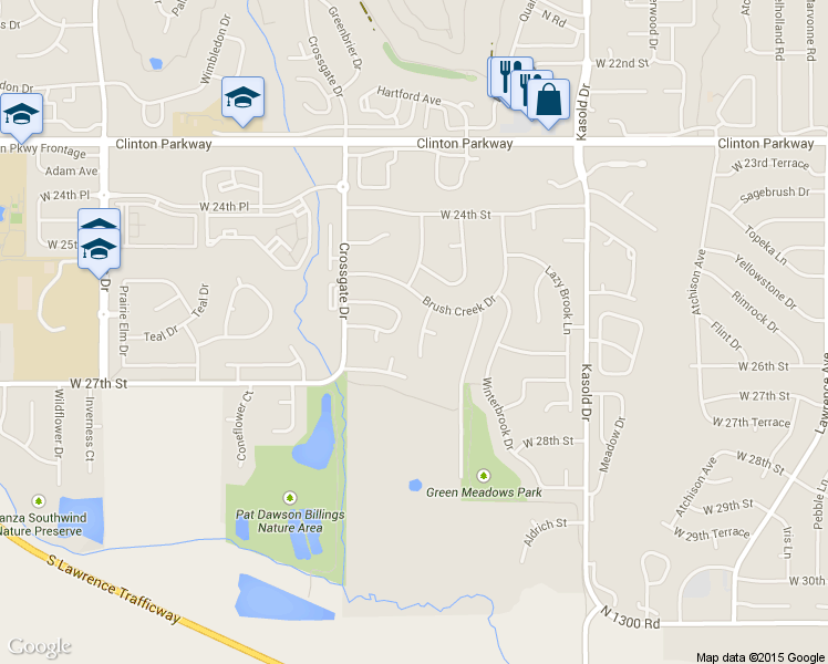 map of restaurants, bars, coffee shops, grocery stores, and more near 2517 Morningside Drive in Lawrence