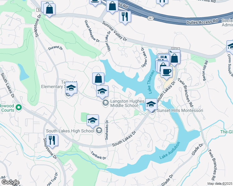 map of restaurants, bars, coffee shops, grocery stores, and more near 2043 Chadds Ford Drive in Reston