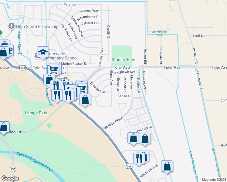 map of restaurants, bars, coffee shops, grocery stores, and more near 1365 Elges Avenue in Gardnerville