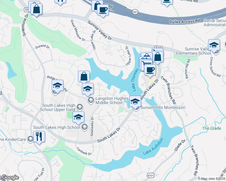 map of restaurants, bars, coffee shops, grocery stores, and more near 2021 Lakebreeze Way in Reston