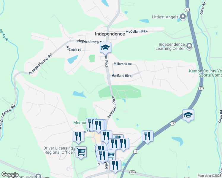 map of restaurants, bars, coffee shops, grocery stores, and more near 5358 Madison Pike in Independence
