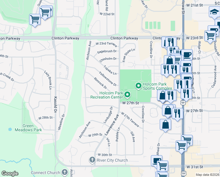map of restaurants, bars, coffee shops, grocery stores, and more near 2916 Rimrock Drive in Lawrence