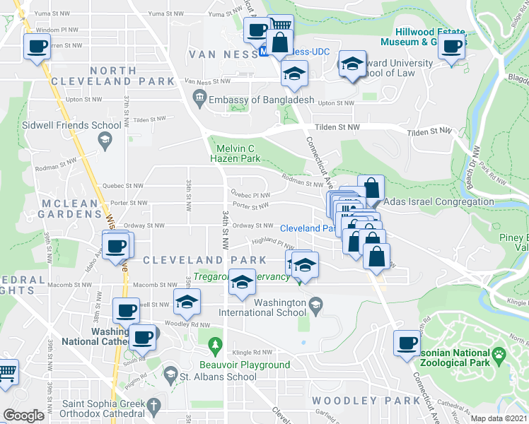map of restaurants, bars, coffee shops, grocery stores, and more near 3058 Porter Street Northwest in Washington