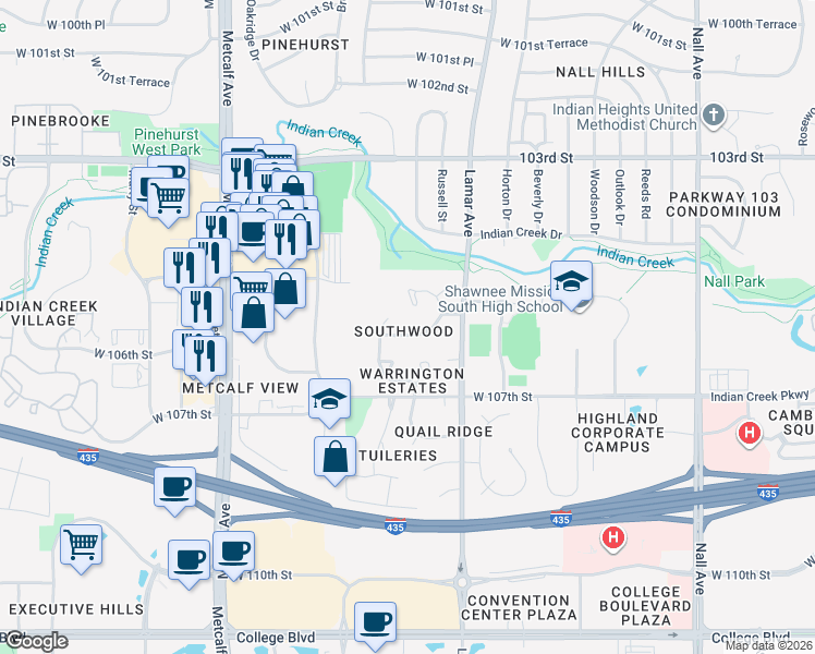 map of restaurants, bars, coffee shops, grocery stores, and more near 6516 West 106th Street in Overland Park