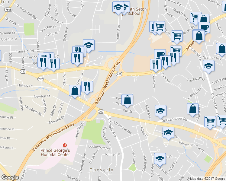 map of restaurants, bars, coffee shops, grocery stores, and more near 6102 Parkwood Road in Hyattsville