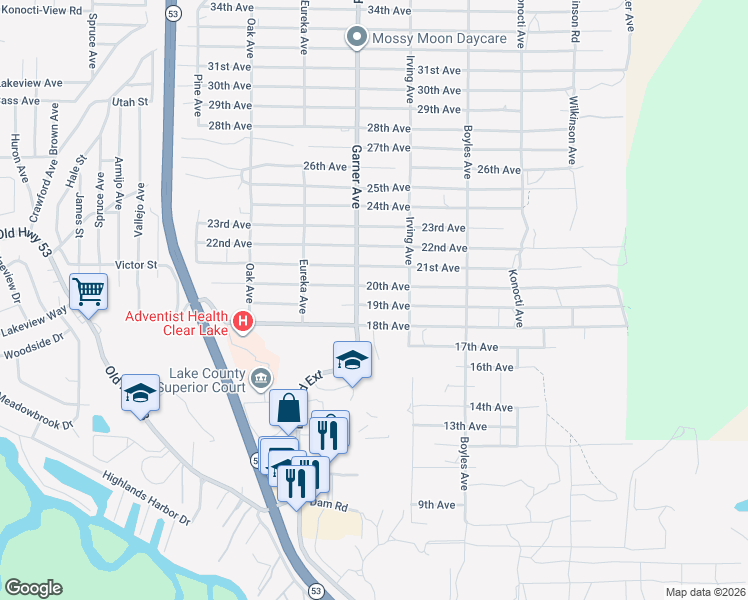 map of restaurants, bars, coffee shops, grocery stores, and more near 15938 19th Avenue in Clearlake