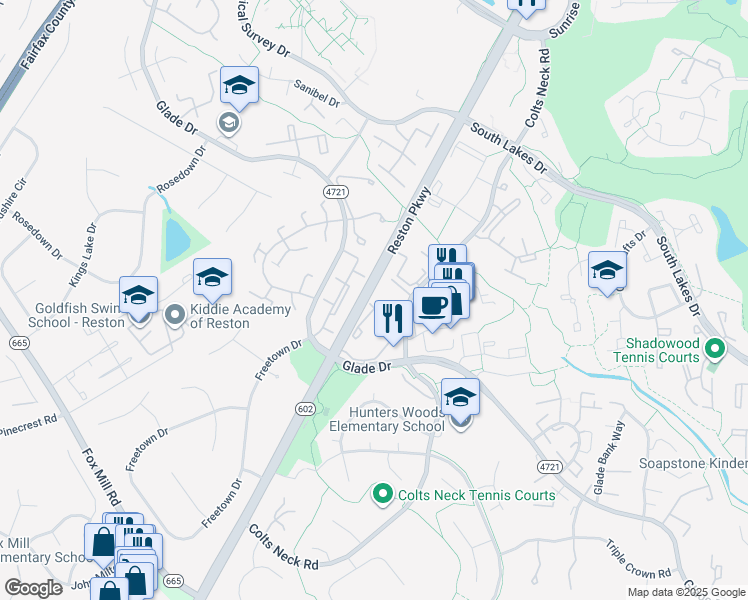 map of restaurants, bars, coffee shops, grocery stores, and more near 2337 Hunters Square Court in Reston