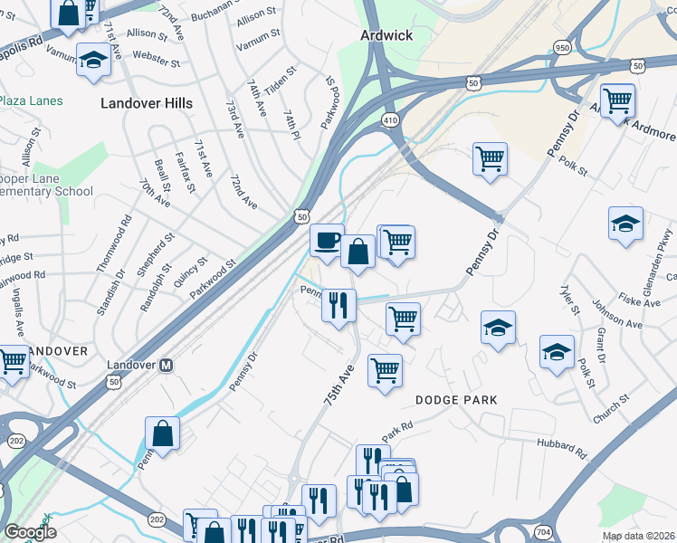 map of restaurants, bars, coffee shops, grocery stores, and more near 3300 Pennsy Drive in Hyattsville
